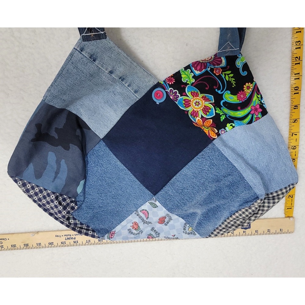 Handmade Patchwork Denim Hobo Bag Womens Large Blue Multi Upcycled Boho Tote - Picture 5 of 6